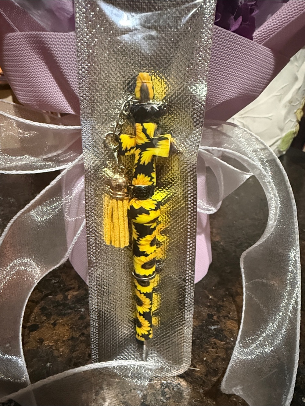 Hand Crafted Yellow and Black Sunflower Cross Pen with Tassel
